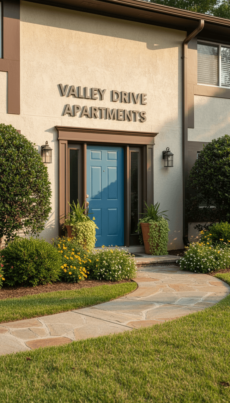 Duplex building entrance with landscaping and curb appeal
