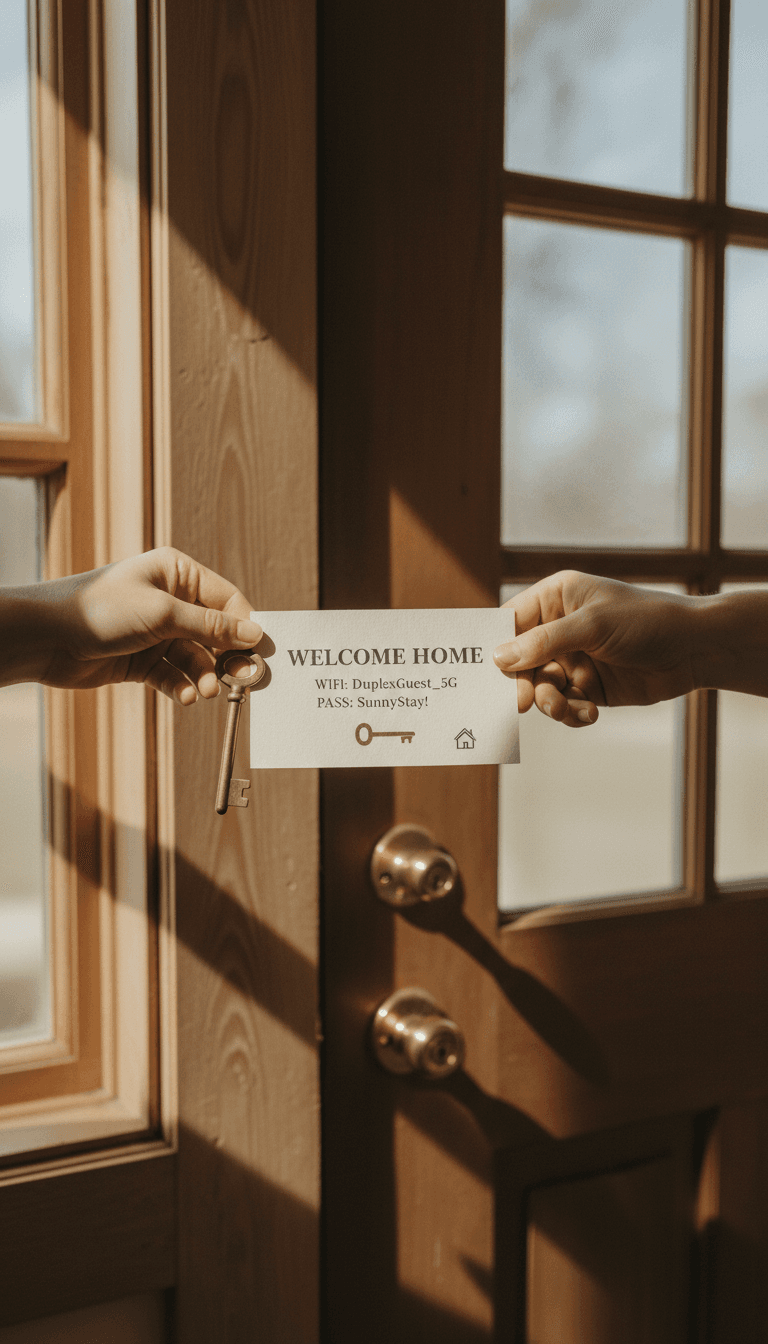 Guest receiving check-in details and door key for Valley Drive Apartments duplex rental