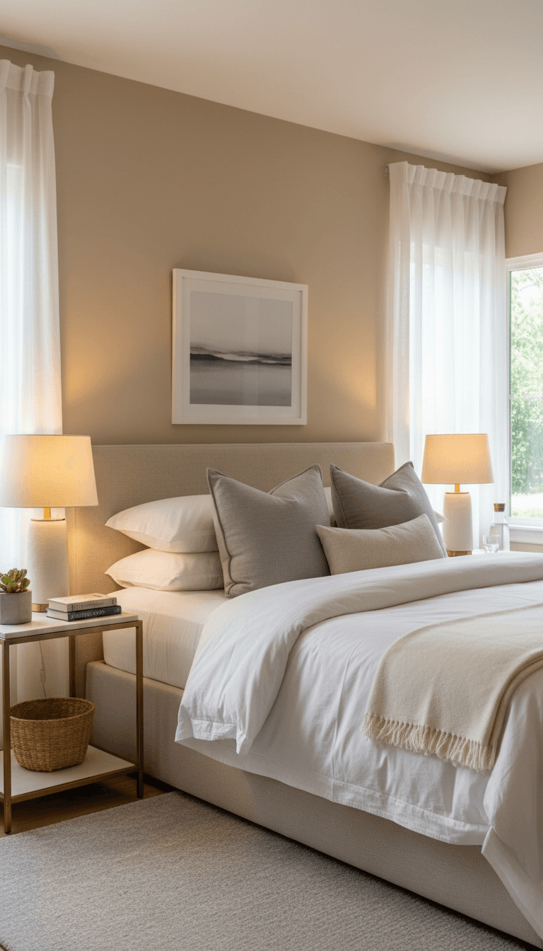 Guest bedroom with comfortable bed and soft lighting